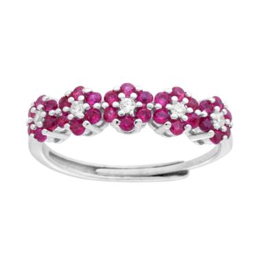 Anello Veretta Fiori con Cubic Zirconia Rosso Rubino e Bianchi in ARGENTO 925 Galvanica Rodio