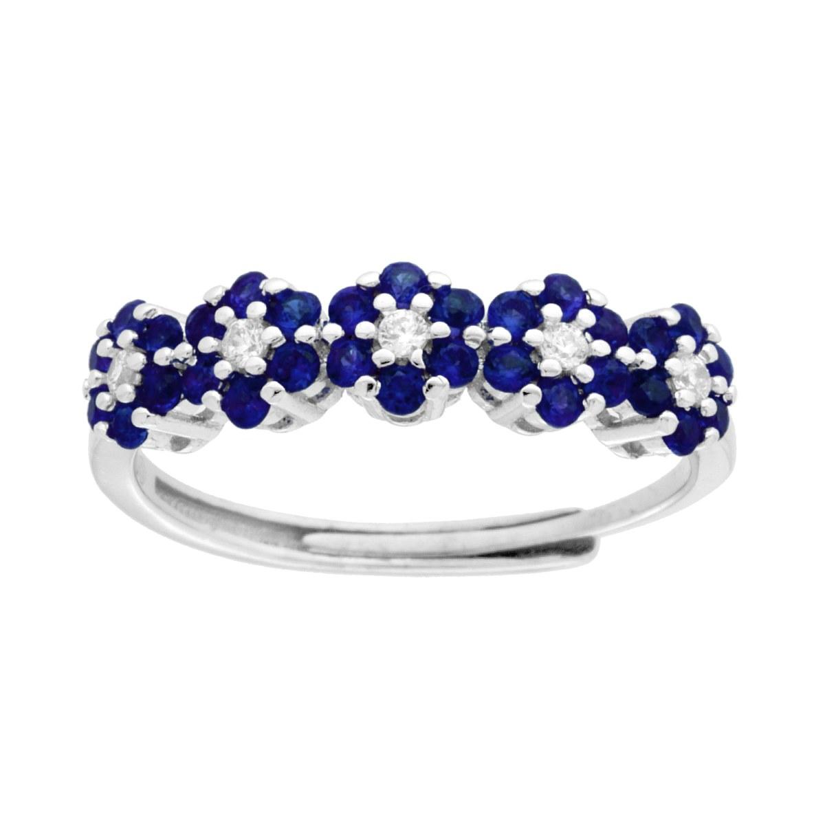 Anello Veretta Fiori con Cubic Zirconia Blu Zaffiro e Bianchi in ARGENTO 925 Galvanica Rodio