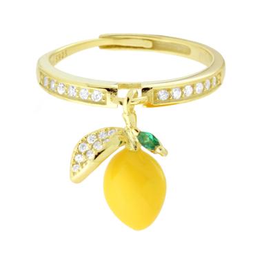 Anello Limone pendente Smalto Giallo con Cubic Zirconia Bianchi in ARGENTO 925 Galvanica Oro
