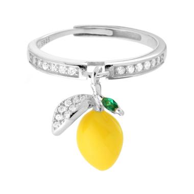 Anello Limone pendente Smalto Giallo con Cubic Zirconia Bianchi in ARGENTO 925 Galvanica Rodio
