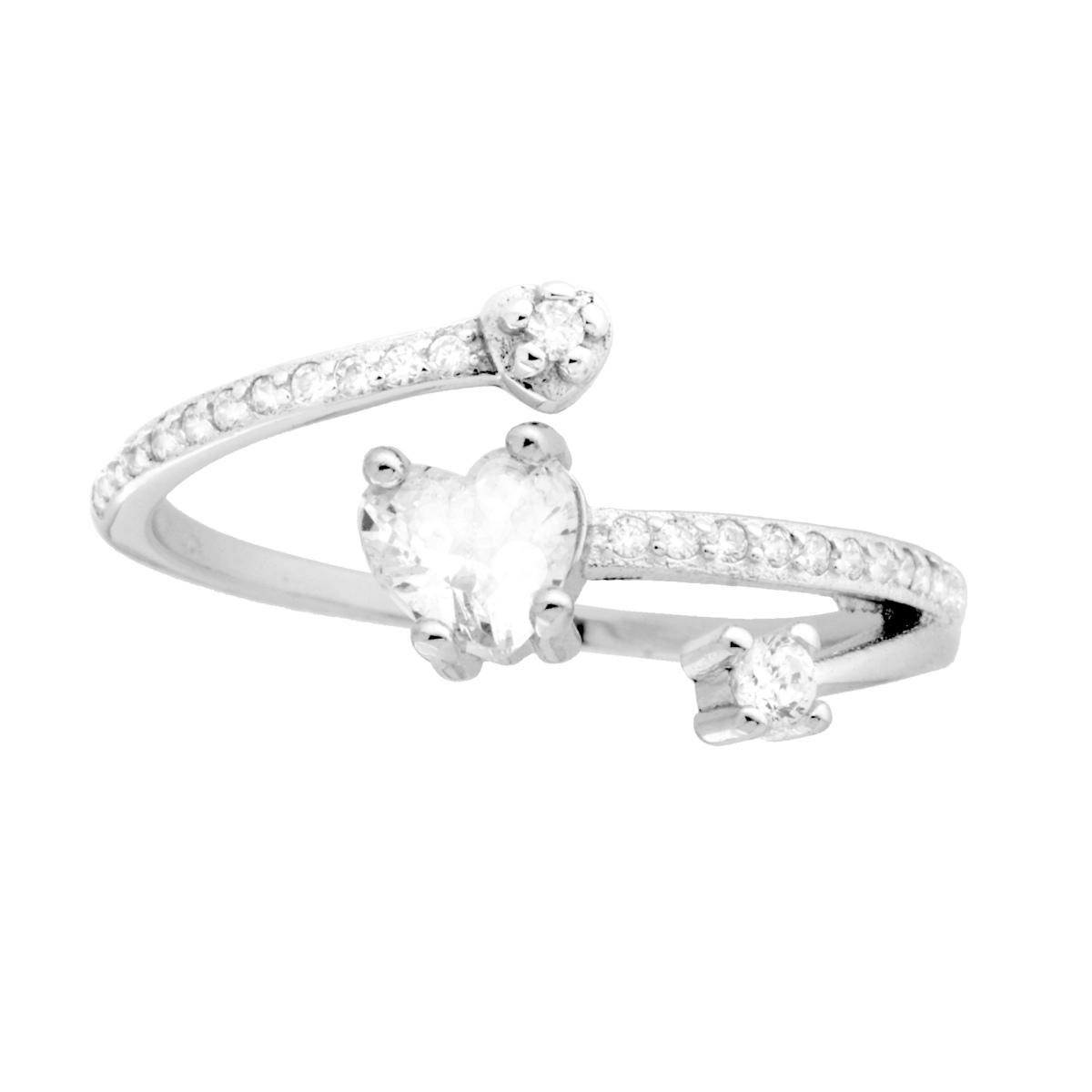 Anello Contrarie Cuore con Cubic Zirconia Bianchi in ARGENTO 925 Galvanica Rodio