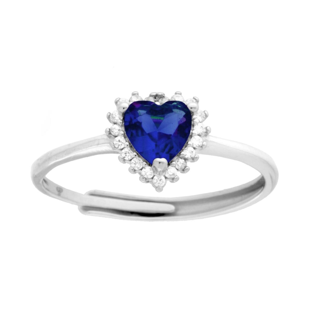 Anello Cuore Blu Zaffiro contornato da Cubic Zirconia Bianchi in ARGENTO 925 Galvanica Rodio