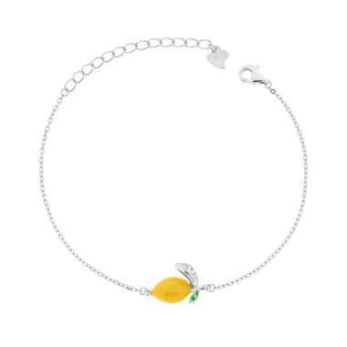 Bracciale Catena Forzatina Diamantata con Limone Smalto Giallo con Cubic Zirconia Bianchi in ARGENTO 925 Galvanica Rodio