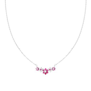 Collana Catena Forzatina Diamantata con Centrale Fiori e Cubic Zirconia Rosso Rubino e Bianchi in ARGENTO 925 Galvanica Rodio