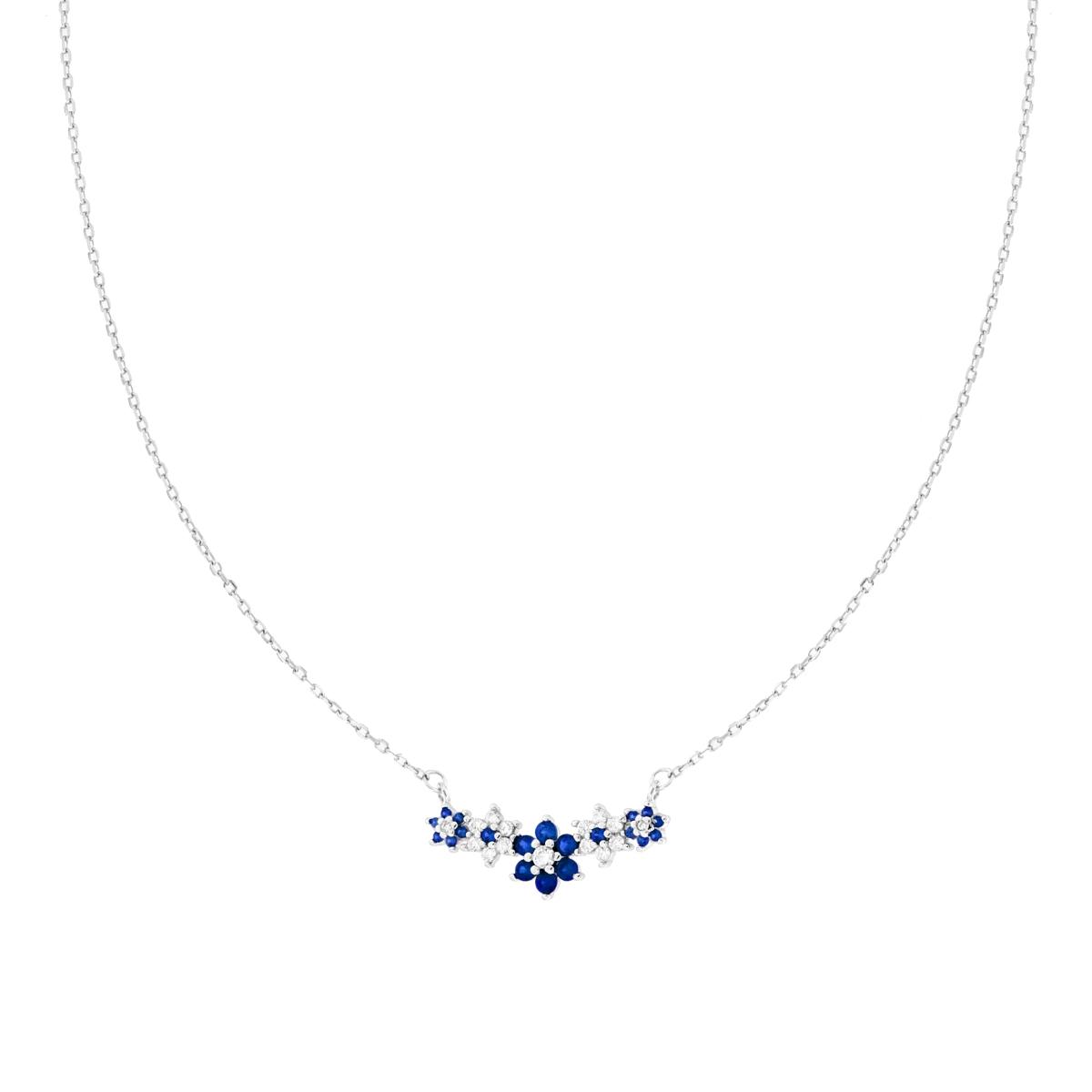 Collana Catena Forzatina Diamantata con Centrale Fiori e Cubic Zirconia Blu Zaffiro e Bianchi in ARGENTO 925 Galvanica Rodio