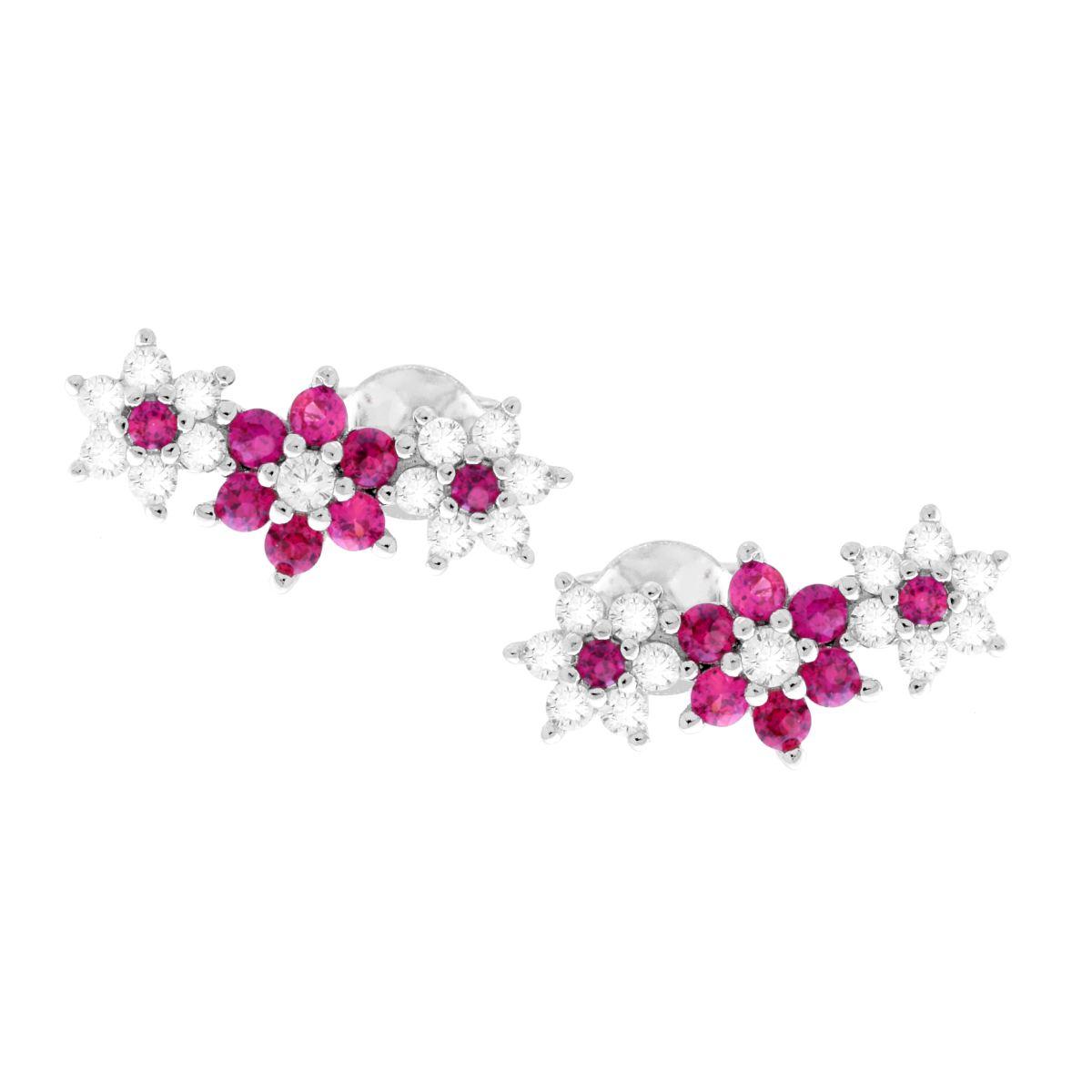 Orecchini Ear Cuff Trilogy Fiori con Cubic Zirconia Rosso Rubino e Bianchi in ARGENTO 925 Galvanica Rodio