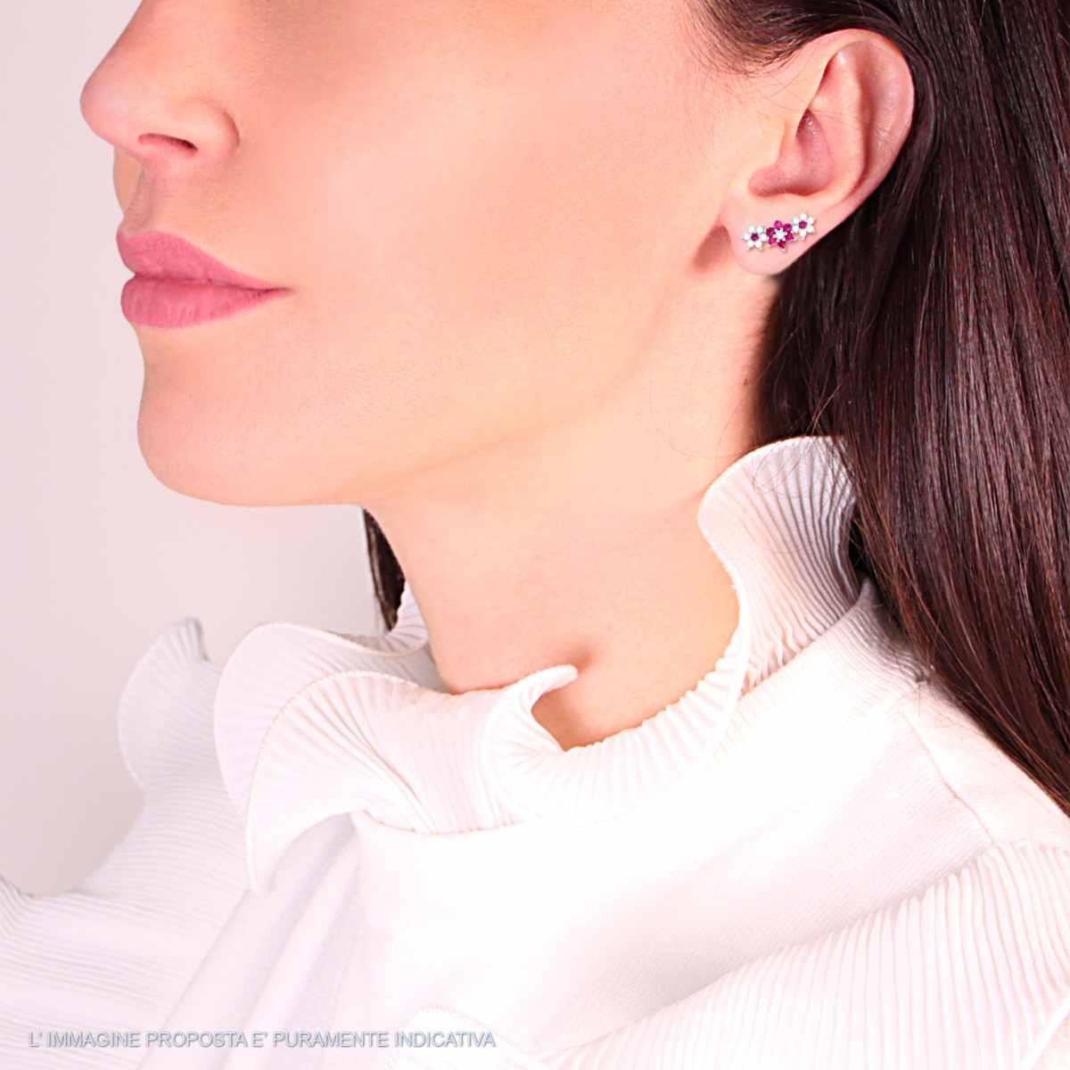 Orecchini Ear Cuff Trilogy Fiori con Cubic Zirconia Rosso Rubino e Bianchi in ARGENTO 925 Galvanica Rodio