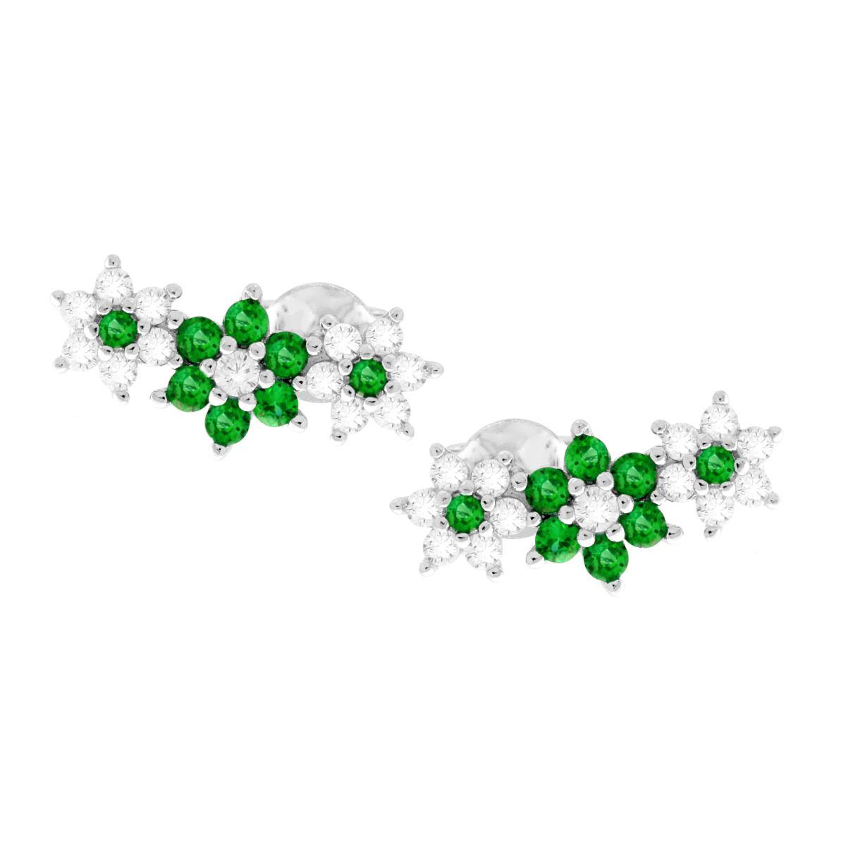 Orecchini Ear Cuff Trilogy Fiori con Cubic Zirconia Verde Smeraldo e Bianchi in ARGENTO 925 Galvanica Rodio