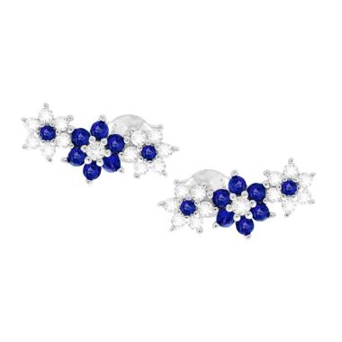 Orecchini Ear Cuff Trilogy Fiori con Cubic Zirconia Blu Zaffiro e Bianchi in ARGENTO 925 Galvanica Rodio