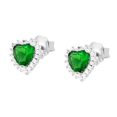Orecchini Cuore Verde Smeraldo contornato da Cubic Zirconia Bianchi in ARGENTO 925 Galvanica Rodio