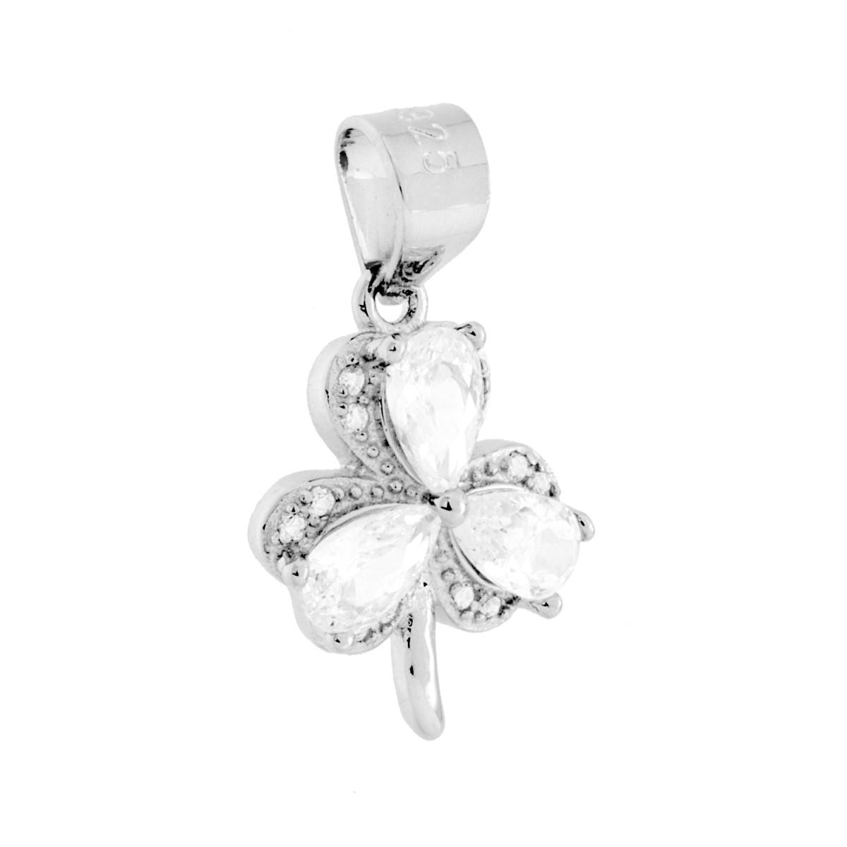 Ciondolo Trifoglio con Cubic Zirconia Bianchi in ARGENTO 925 Galvanica Rodio