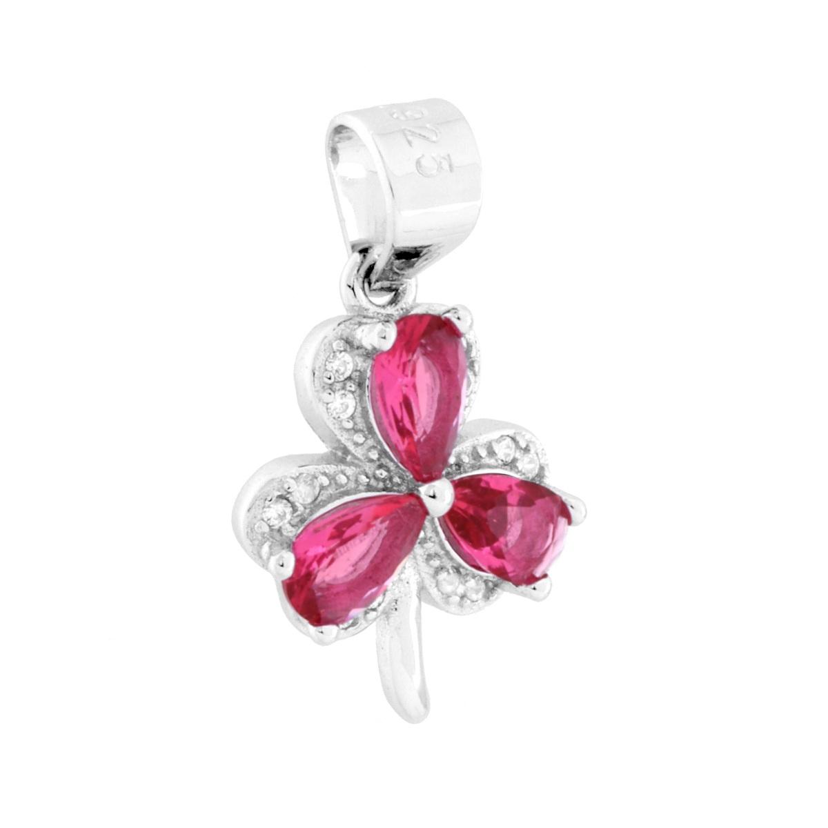 Ciondolo Trifoglio con Cubic Zirconia Bianchi e Rosso Rubino in ARGENTO 925 Galvanica Rodio
