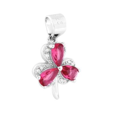 Ciondolo Trifoglio con Cubic Zirconia Bianchi e Rosso Rubino in ARGENTO 925 Galvanica Rodio