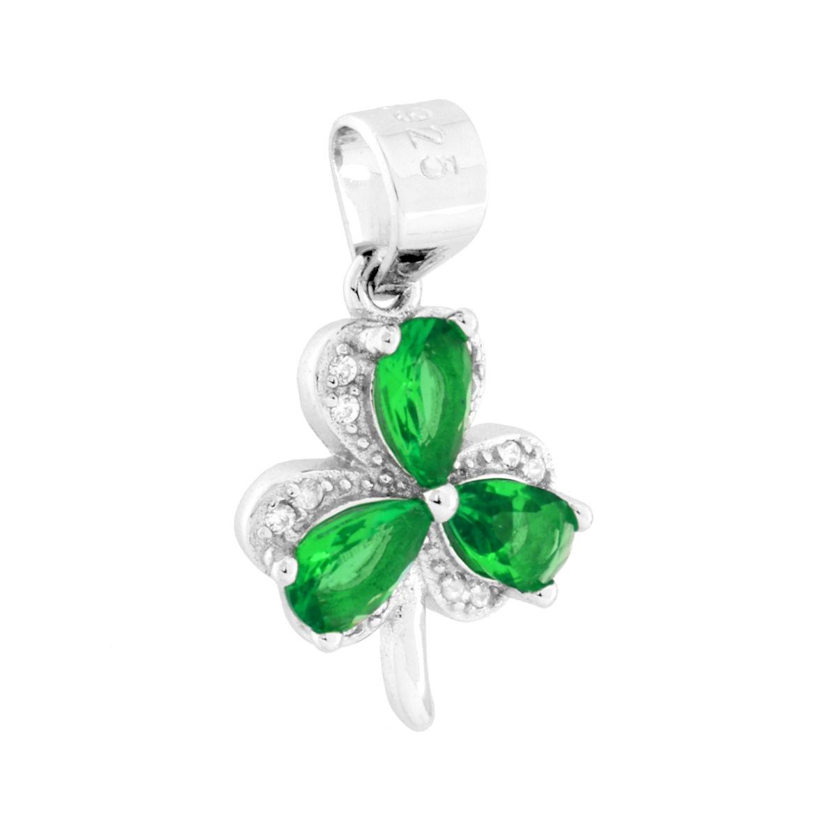Ciondolo Trifoglio con Cubic Zirconia Bianchi e Verde Smeraldo in ARGENTO 925 Galvanica Rodio