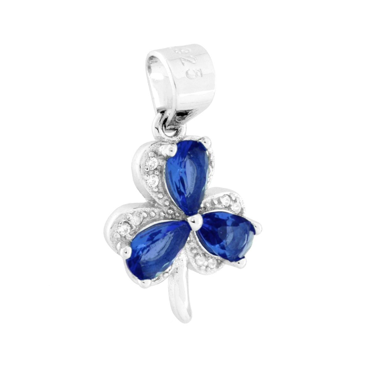 Ciondolo Trifoglio con Cubic Zirconia Bianchi e Blu Zaffiro in ARGENTO 925 Galvanica Rodio