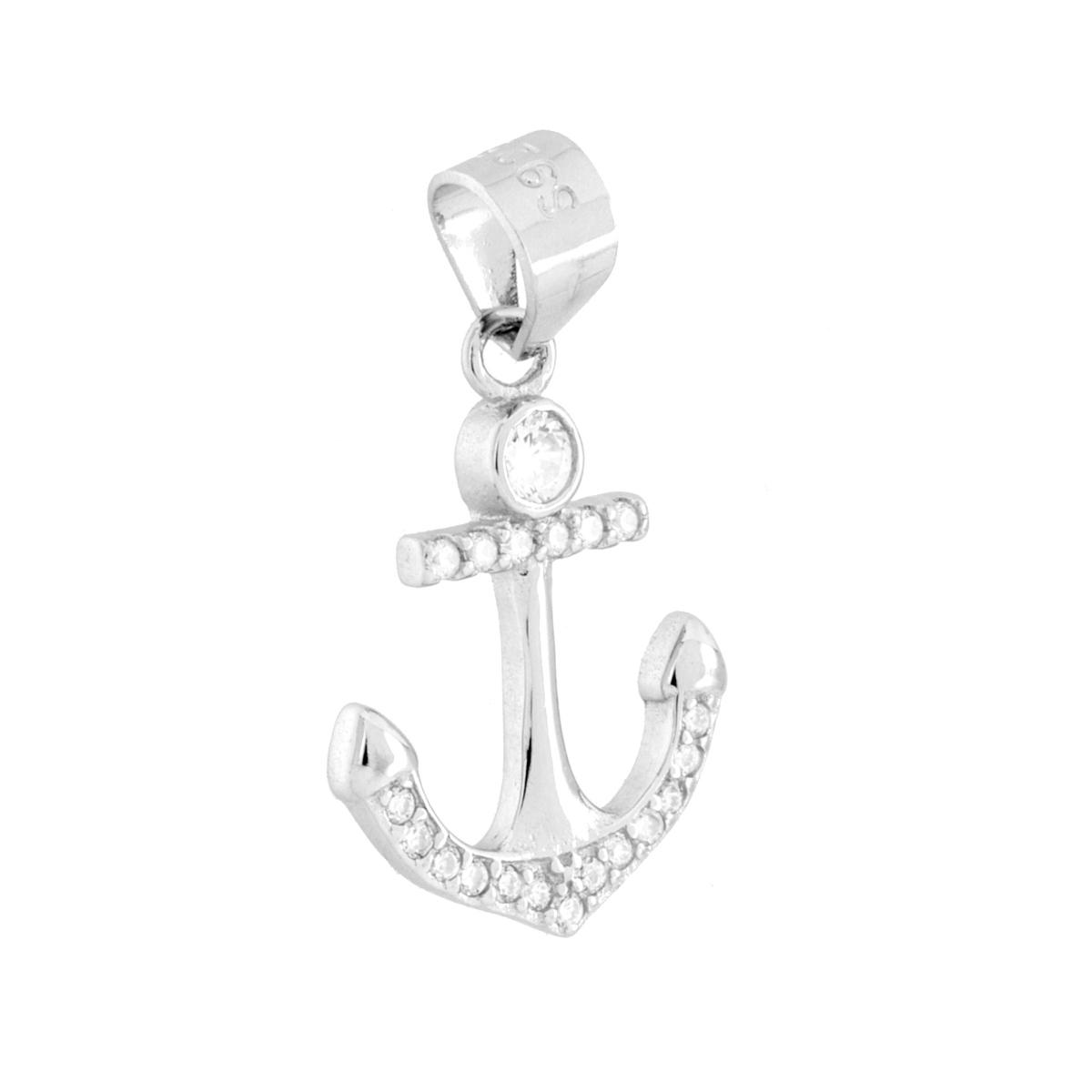 Ciondolo Ancora con Cubic Zirconia Bianchi in ARGENTO 925 Galvanica Rodio