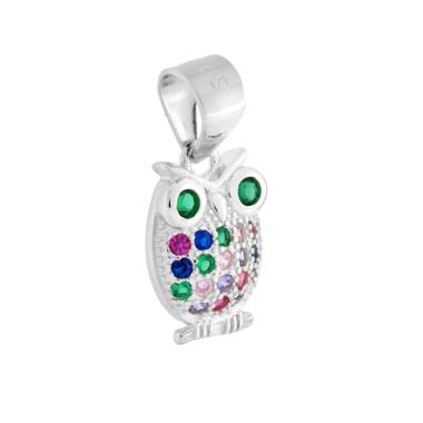 Ciondolo Gufo con Cubic Zirconia Multicolor in ARGENTO 925 Galvanica Rodio