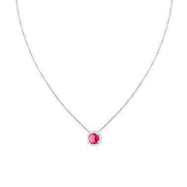 Collana Catena Veneziana Diamantata con Tondo Rosso Rubino contornato da Cubic Zirconia Bianchi in ARGENTO 925 Galvanica Rodio