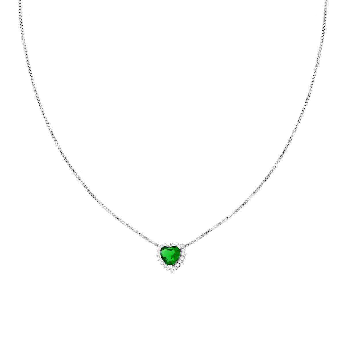 Collana Catena Veneziana Diamantata con Cuore Verde Smeraldo contornato da Cubic Zirconia Bianchi in ARGENTO 925 Galvanica Rodio