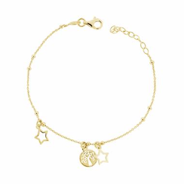 Bracciale Catena Forzatina con Palline Albero della Vita e Stelle in ARGENTO 925 Galvanica Oro