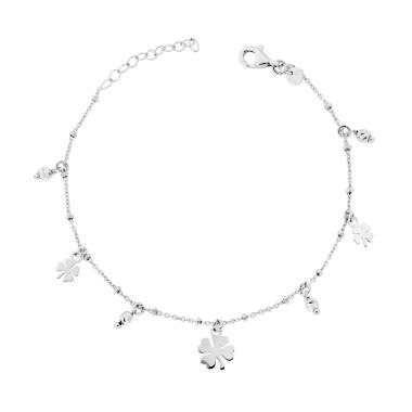 Bracciale Catena Forzatina con Quadrifoglio plain e Palline Slash pendenti in ARGENTO 925 Galvanica Rodio