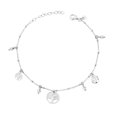Bracciale Catena Forzatina con Albero della Vita plain e Palline Slash pendenti in ARGENTO 925 Galvanica Rodio