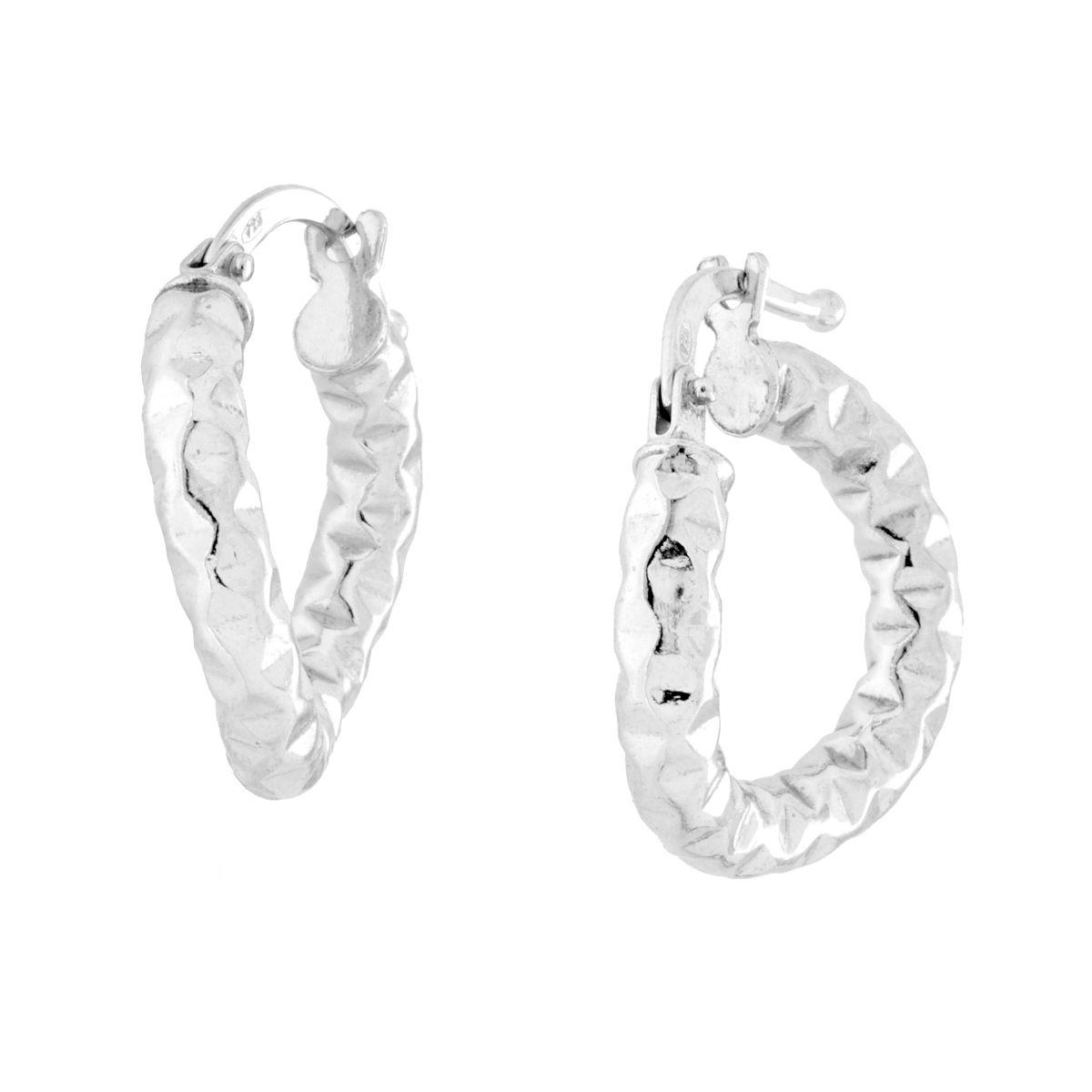 Orecchini a Cerchio Ondulati mm 16 con Canna effetto Martellato mm 3 in ARGENTO 925 Galvanica Rodio