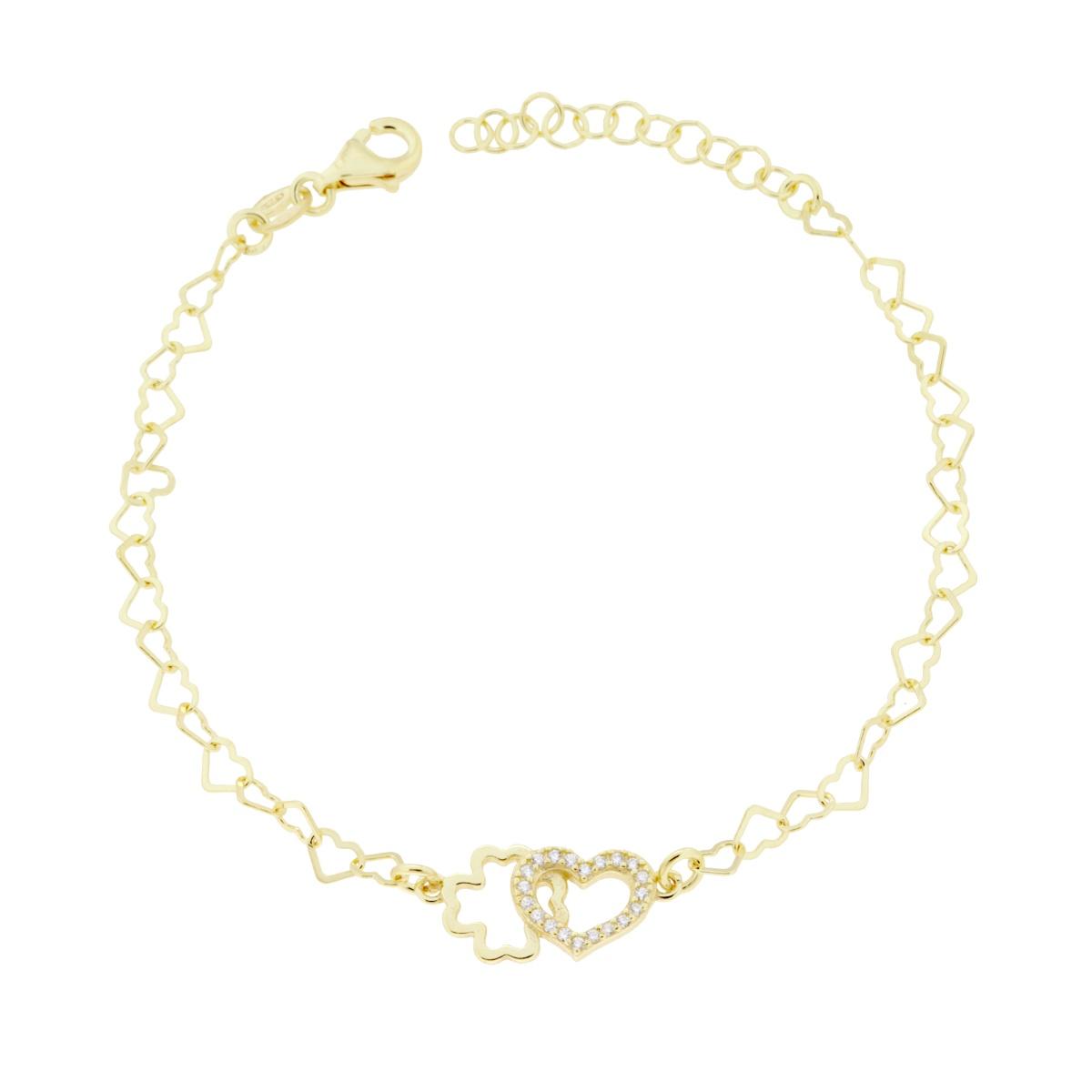 Bracciale Catena Cuori con Quadrifoglio e Cubic Zirconia Bianchi in ARGENTO 925 Galvanica Oro