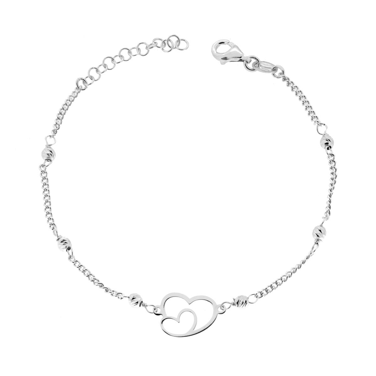 Bracciale Catena Grumetta con Palline Slash e Cuori in ARGENTO 925 Galvanica Rodio