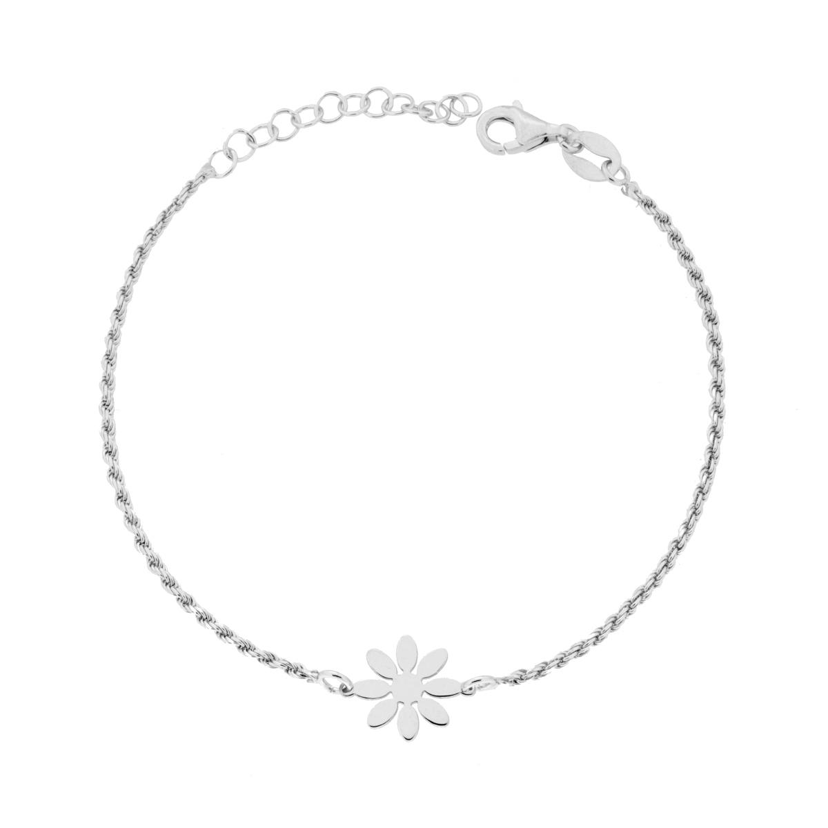 Bracciale Catena Corda Diamantata con Fiore in ARGENTO 925 Galvanica Rodio
