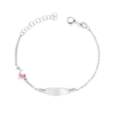 Bracciale Targa Bimbo Bimba con Catena Rolo e Delfino Smalto Rosa e Bianco in ARGENTO 925 Galvanica Rodio