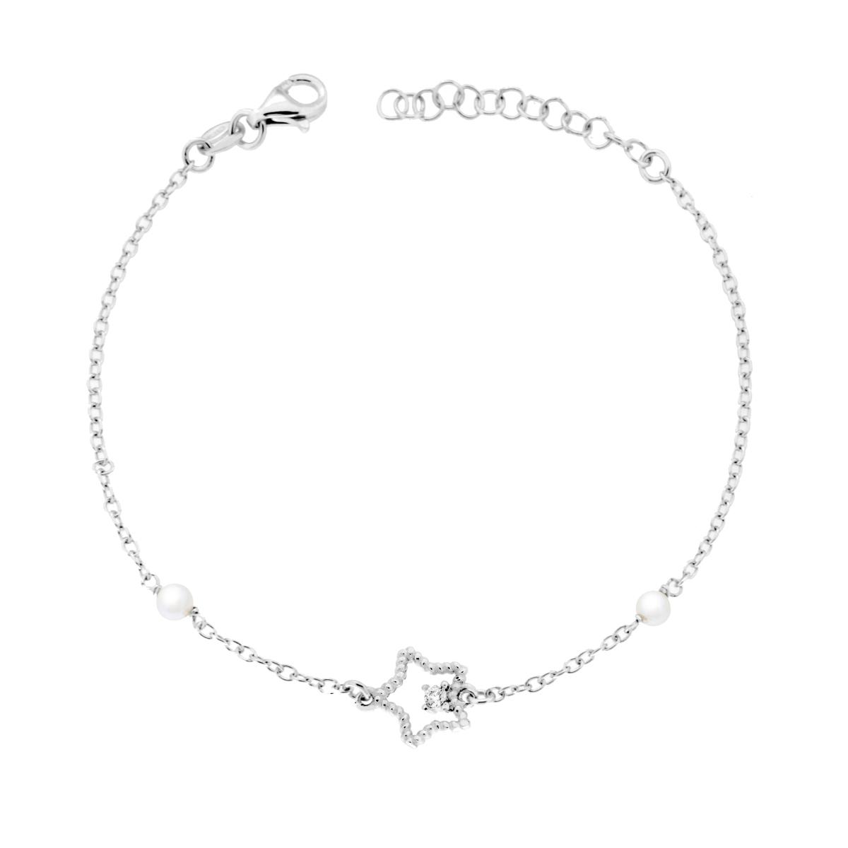 Bracciale Catena Forzatina Diamantata con Perle e Stella con Punto Luce Cubic Zirconia Bianco in ARGENTO 925 Galvanica Rodio