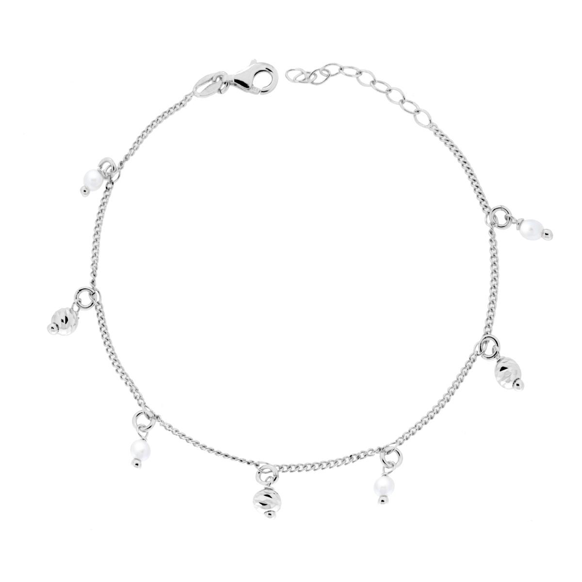 Bracciale Catena Grumetta Diamantata con Palline Slash e Perle pendenti in ARGENTO 925 Galvanica Rodio