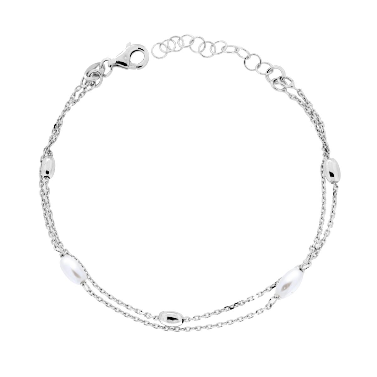 Bracciale due fili Catena Forzatina Diamantata con Ovaline e Perle in ARGENTO 925 Galvanica Rodio