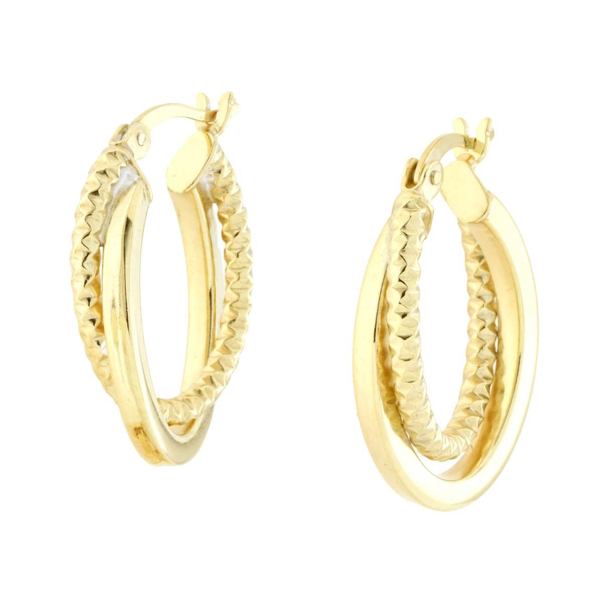 Orecchini Cerchio Doppia Canna Ovale Diamantata e Liscia in ARGENTO 925 Galvanica Oro