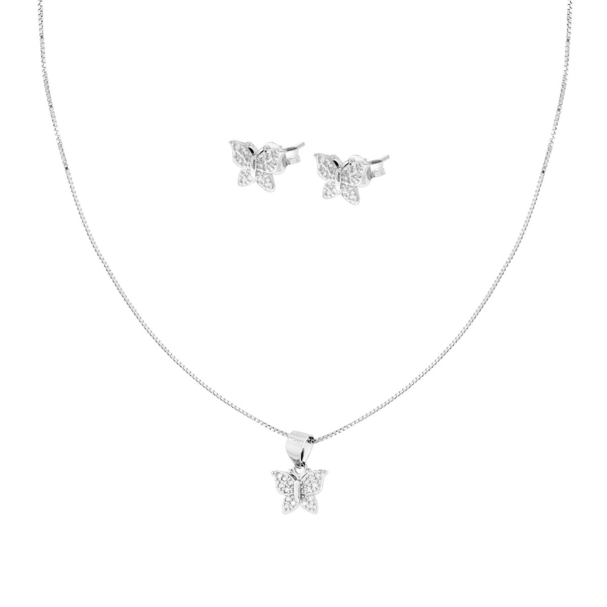 Parure Set Orecchini e Collana Catena Veneziana Diamantata con Farfalle e Cubic Zirconia Bianchi in ARGENTO 925 Galvanica Rodio