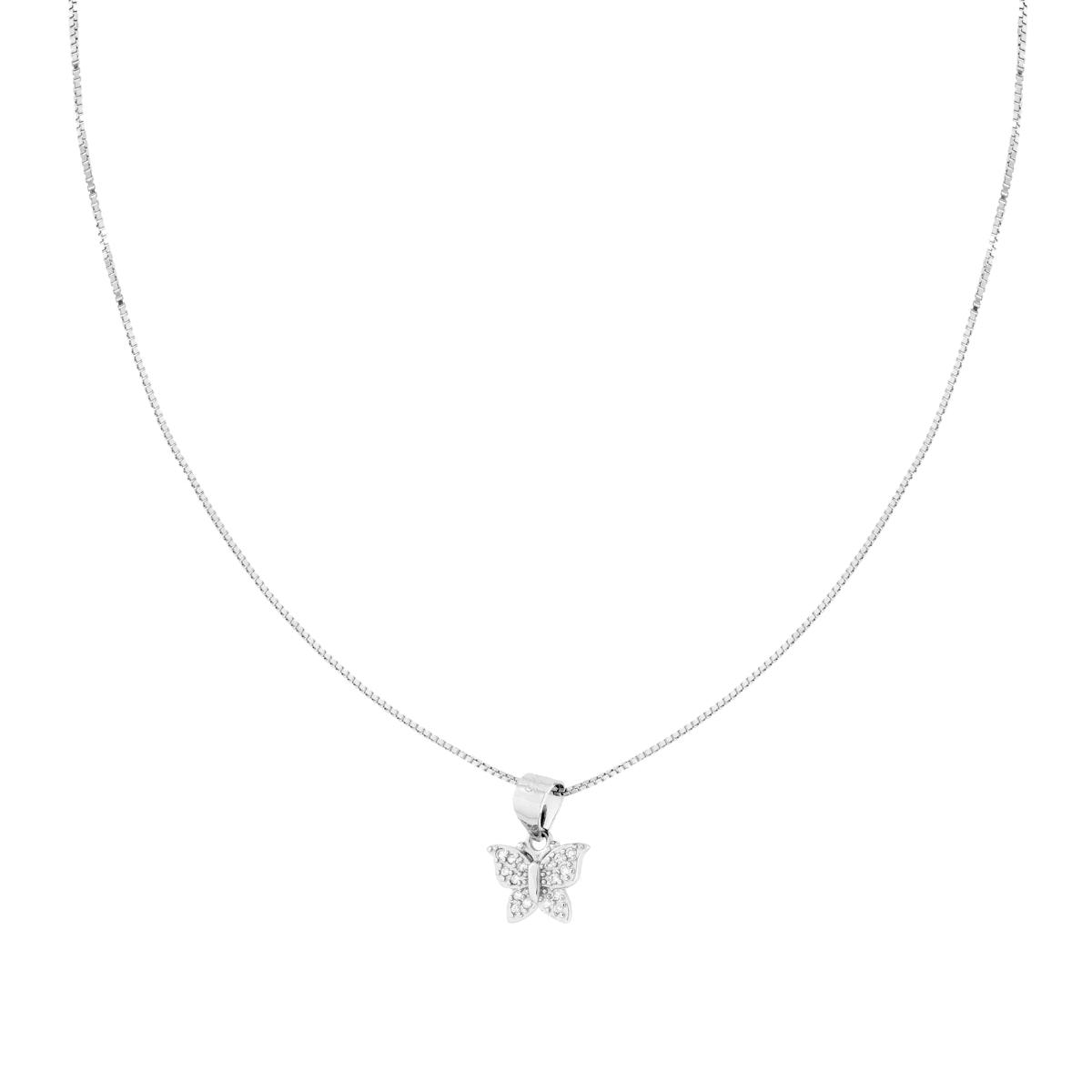 Parure Set Orecchini e Collana Catena Veneziana Diamantata con Farfalle e Cubic Zirconia Bianchi in ARGENTO 925 Galvanica Rodio