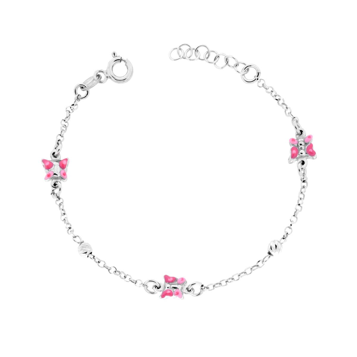 Bracciale Bimbo Bimba con Catena Rolo Diamantata Palline Slash e Farfalla con Smalto Rosa in ARGENTO 925 Galvanica Rodio