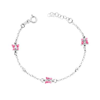 Bracciale Bimbo Bimba con Catena Rolo Diamantata Palline Slash e Farfalla con Smalto Rosa in ARGENTO 925 Galvanica Rodio