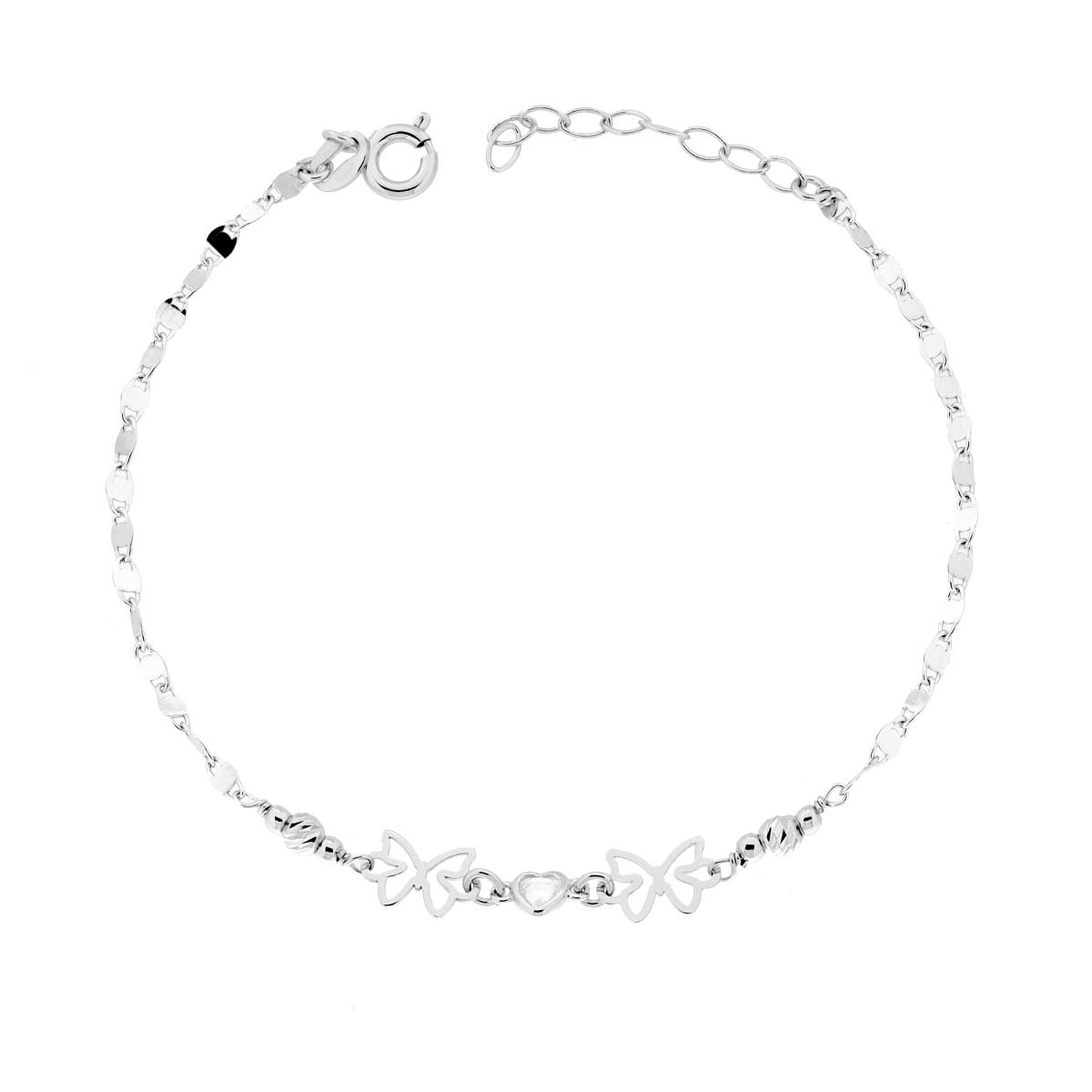 Bracciale Catena Specchio con Farfalle Cuore Cubic Zirconia Bianco e Palline Slash in ARGENTO 925 Galvanica Rodio