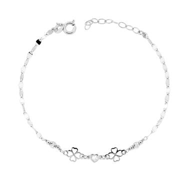 Bracciale Catena Specchio con Quadrifogli Cuore Cubic Zirconia Bianco e Palline Slash in ARGENTO 925 Galvanica Rodio