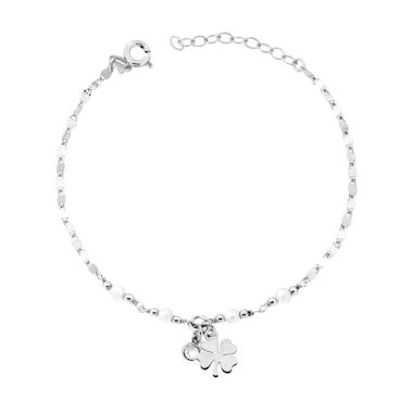 Bracciale Catena Specchio e Perle con Quadrifoglio e Punto Luce in ARGENTO 925 Galvanica Rodio