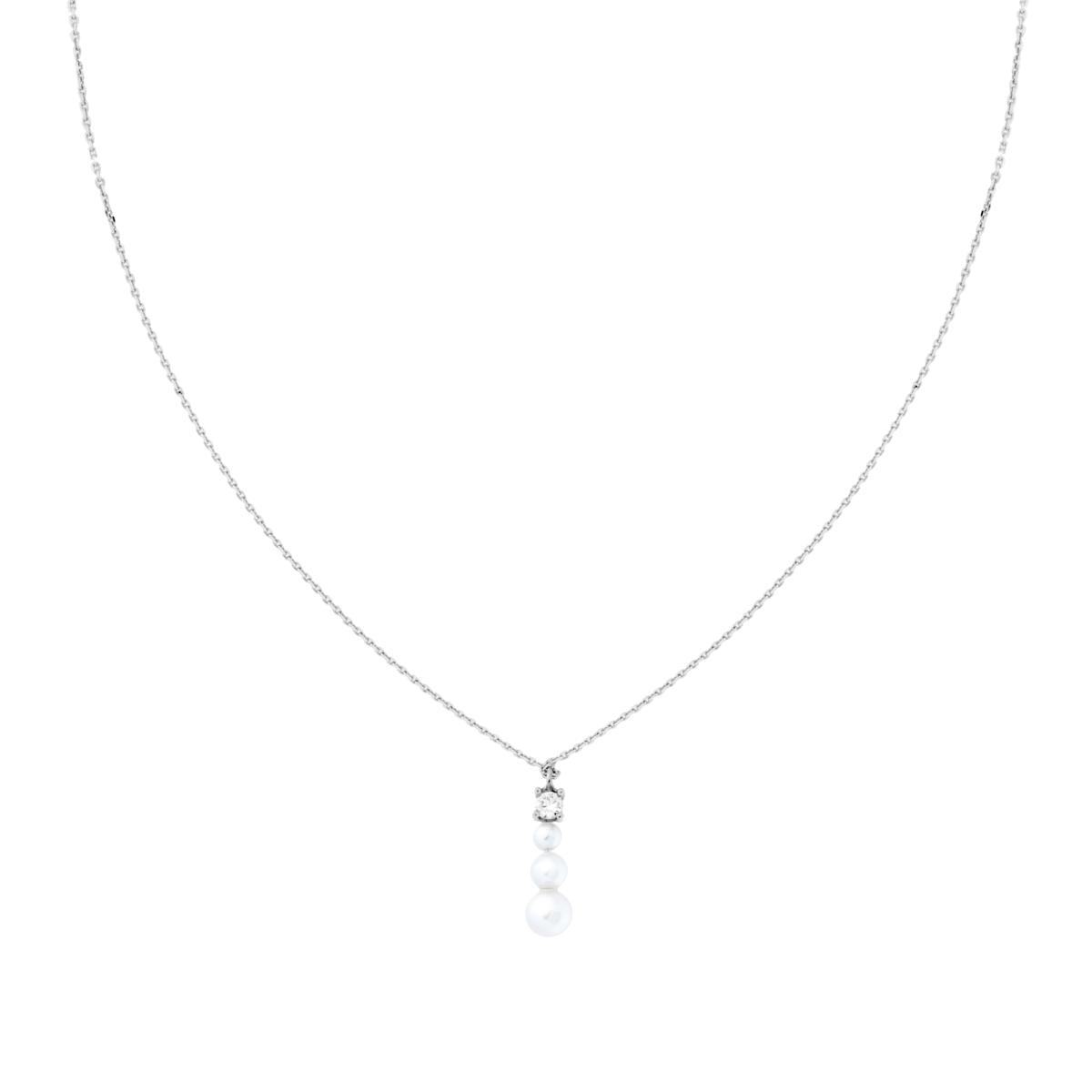 Collana Catena Forzatina Diamantata con Punto Luce Cubic Zirconia Bianco e Trilogy di Perle in ARGENTO 925 Galvanica Rodio