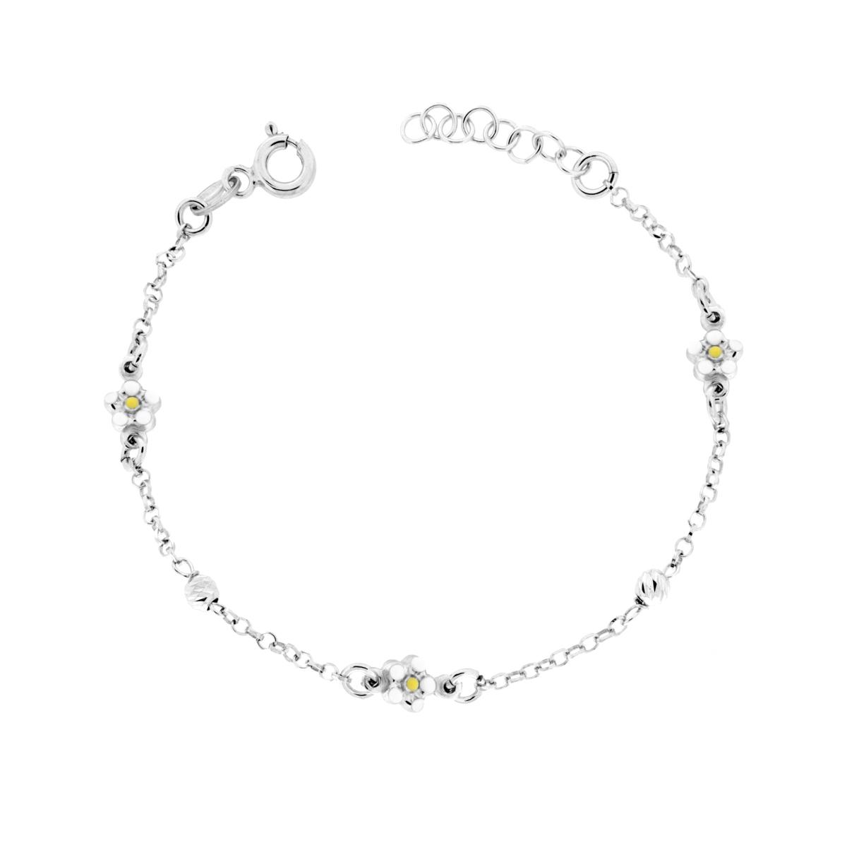 Bracciale Bimbo Bimba con Catena Rolo Diamantata Palline Slash e Fiori con Smalto Bianco e Giallo in ARGENTO 925 Galvanica Rodio