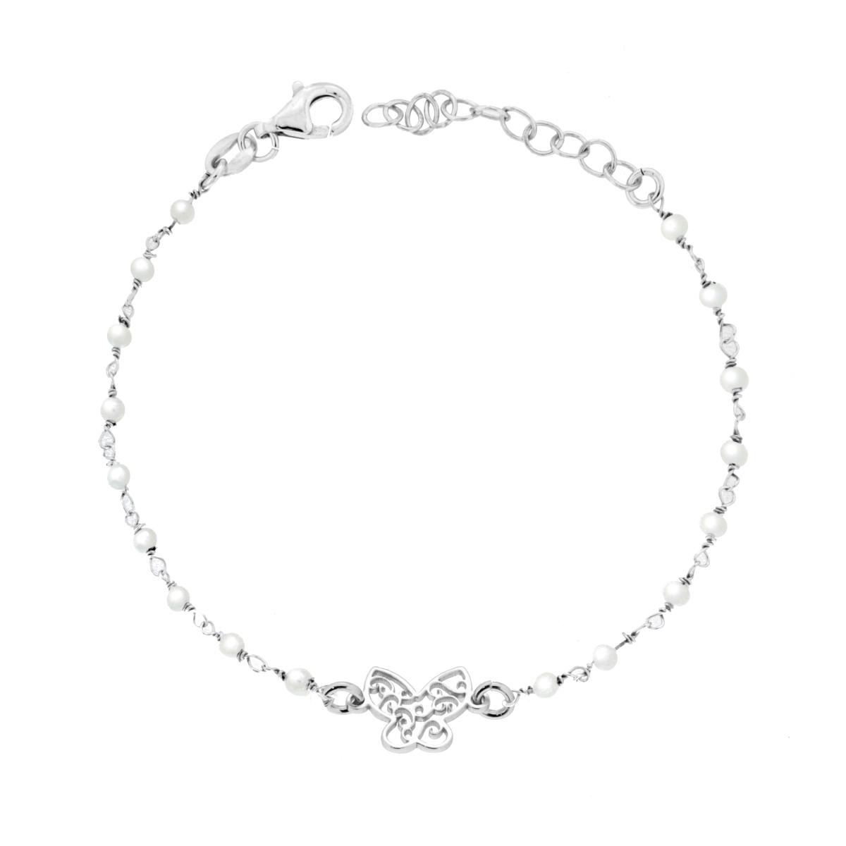 Bracciale Catena con Perle e Farfalla Traforata in ARGENTO 925 Galvanica Rodio