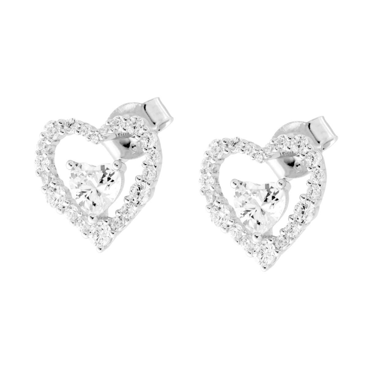 Orecchini Cuore con Punto Luce e Cubic Zirconia Bianchi in ARGENTO 925 Galvanica Rodio
