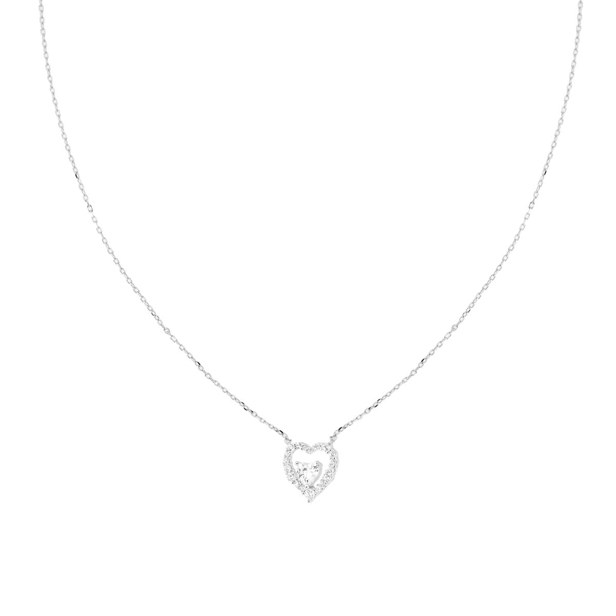 Collana Catena Forzatina Diamantata con Cuore Punto Luce Cubic Zirconia Bianchi in ARGENTO 925 Galvanica Rodio