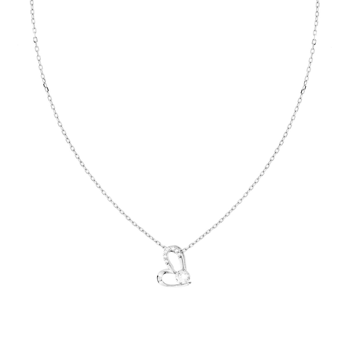 Collana Catena Forzatina Diamantata con Cuore e Cubic Zirconia Bianchi in ARGENTO 925 Galvanica Rodio