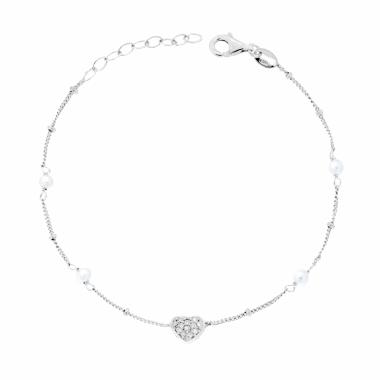 Bracciale Catena Grumetta Diamantata con Cuore con Cubic Zirconia Bianchi e Perle in ARGENTO 925 Galvanica Rodio