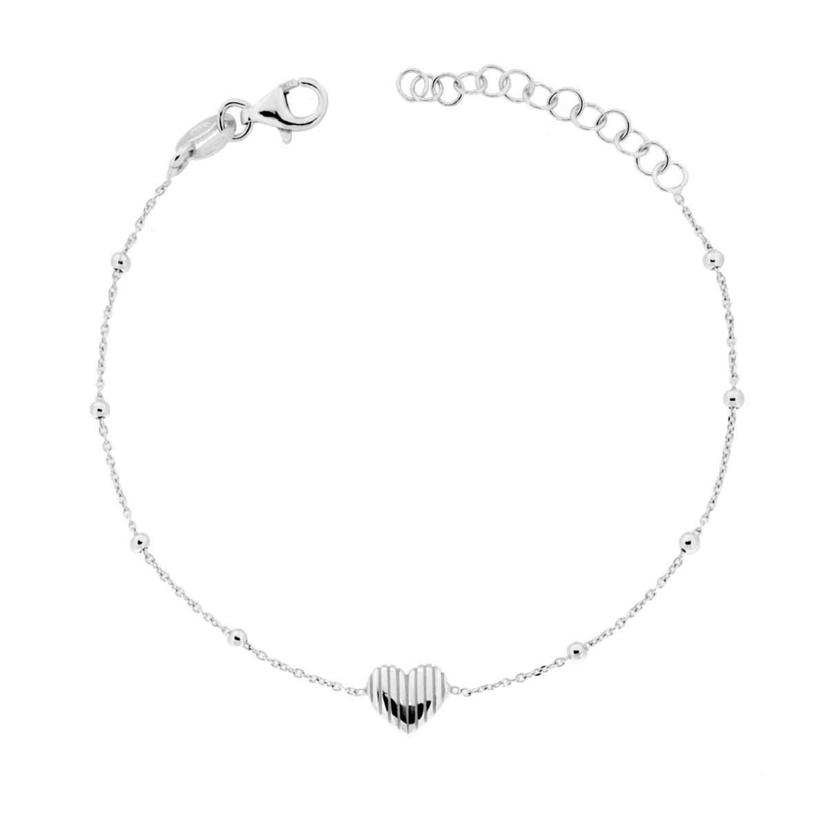 Bracciale Catena Forzatina Diamantata con Cuore rigato in ARGENTO 925 Galvanica Rodio